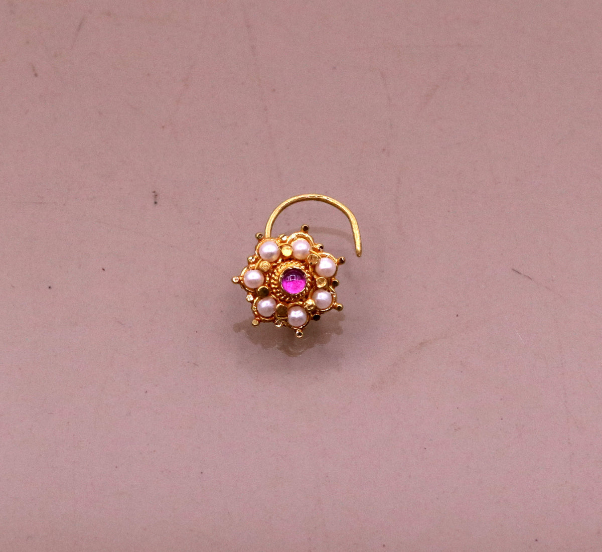 Awesome 6 white pearl and red stone 20kt yellow gold nose pin nose ...