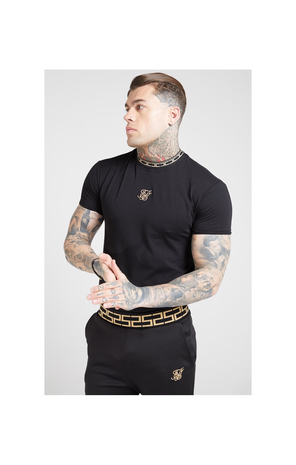 SikSilk Tape Collar Gym Tee - Black & Gold (1)