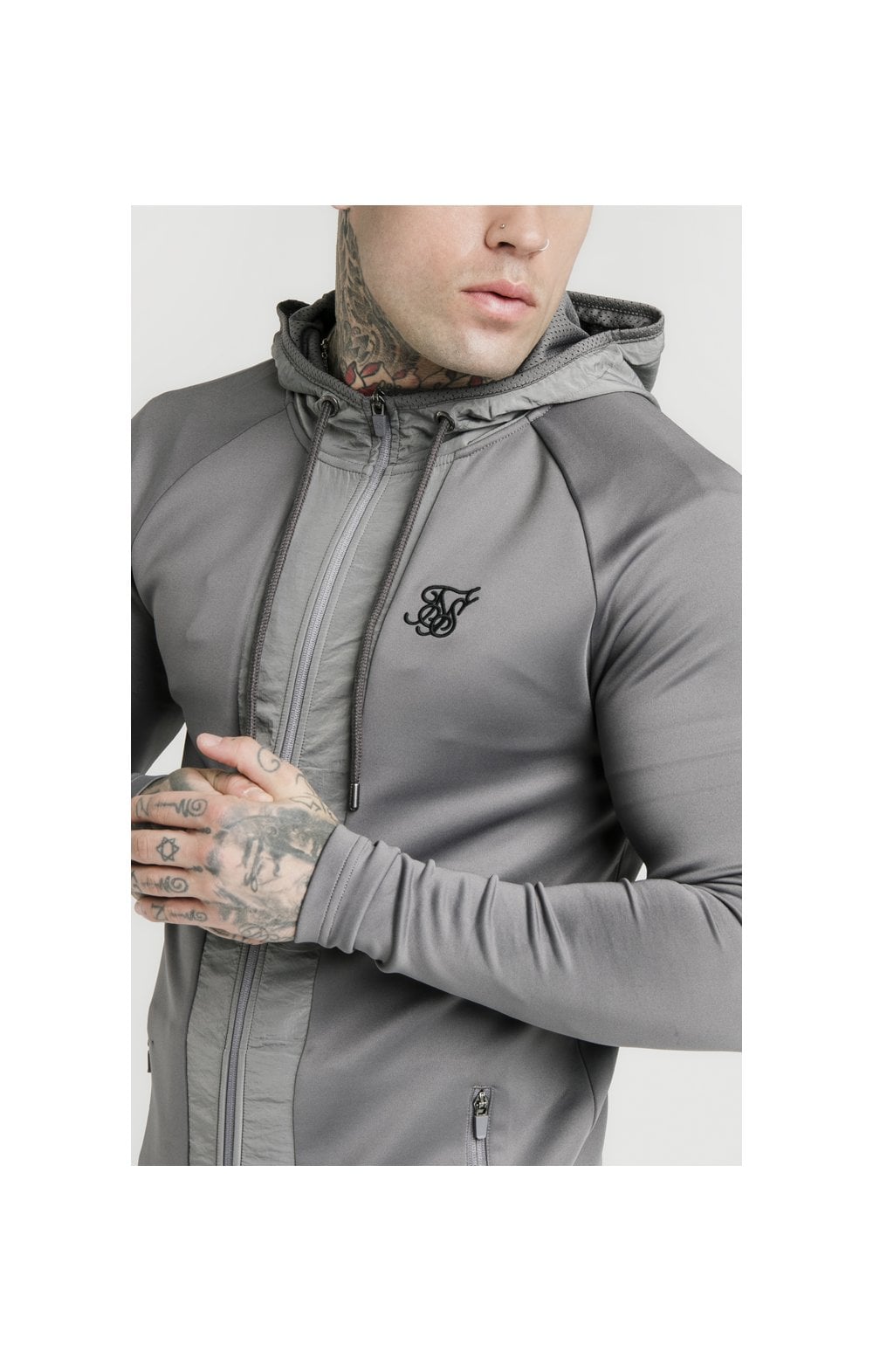 SikSilk Creased Nylon Zip Through Hoodie – Grey