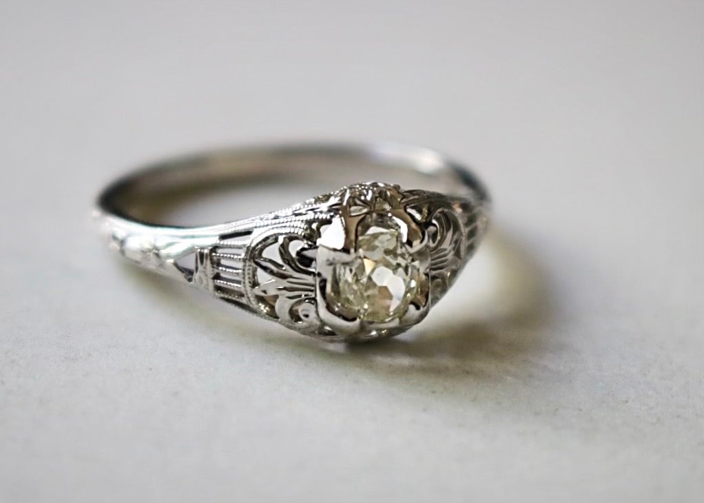 Art Deco Orange Blossom Diamond Engagement Ring Yellow and White Gold 14K, Antique Vintage Estate Jewelry