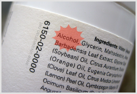 alcohol ingredient highlighted in light red on a label