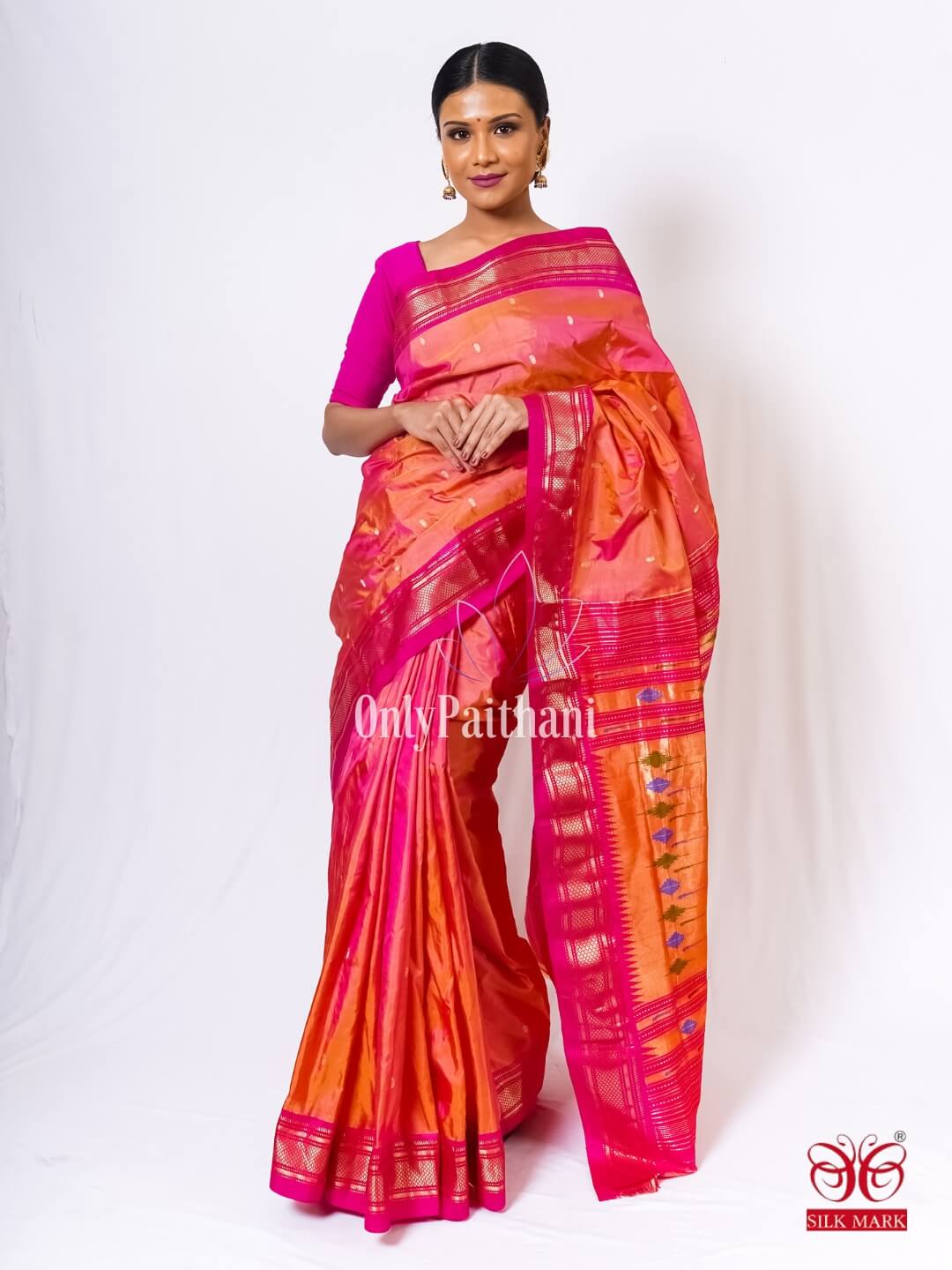 Two tone peach pink handloom silk paithani saree – OnlyPaithani