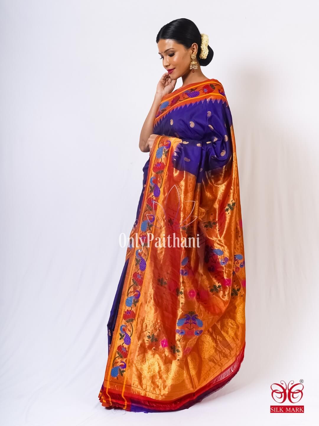 Navy blue peacock border silk paithani saree – OnlyPaithani