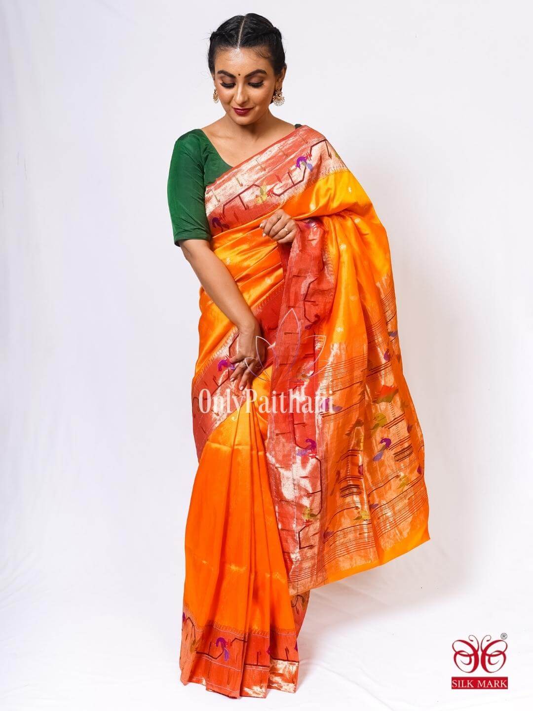 Golden mustard pure silk paithani saree – OnlyPaithani