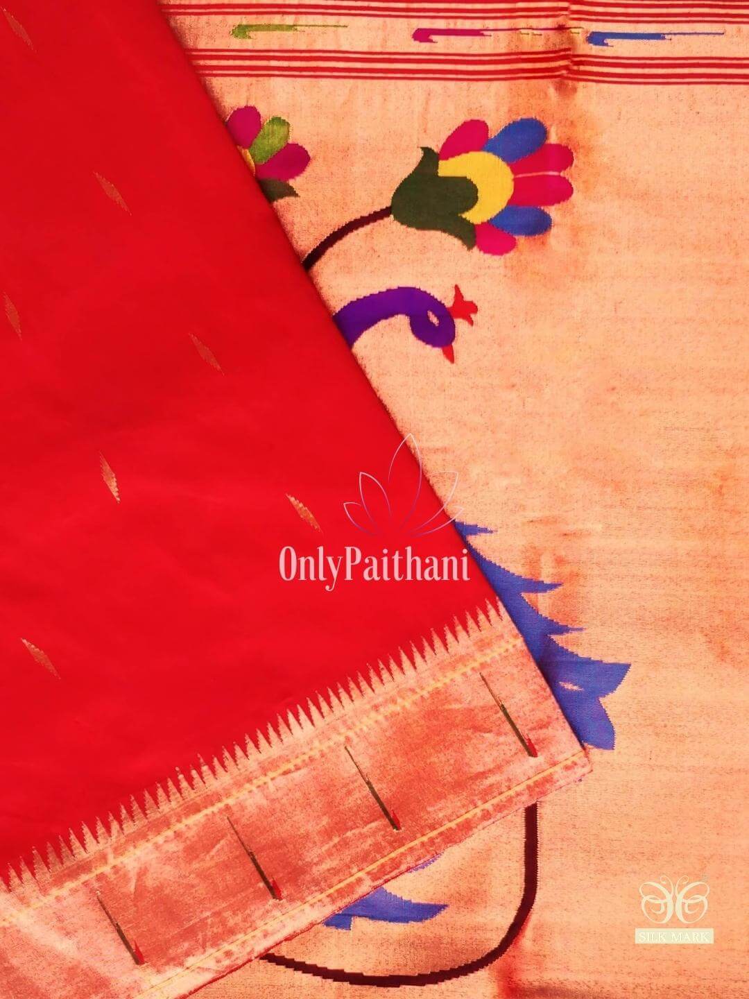 Red single muniya silk paithani saree – OnlyPaithani