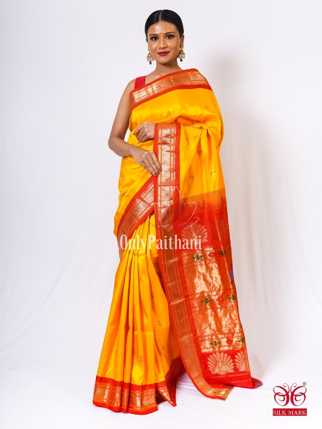 Handloom silk yellow paithani saree – OnlyPaithani
