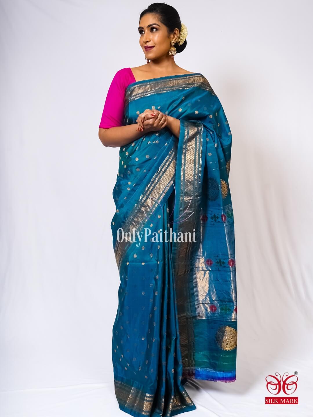 Teal blue maharani silk paithani saree – OnlyPaithani