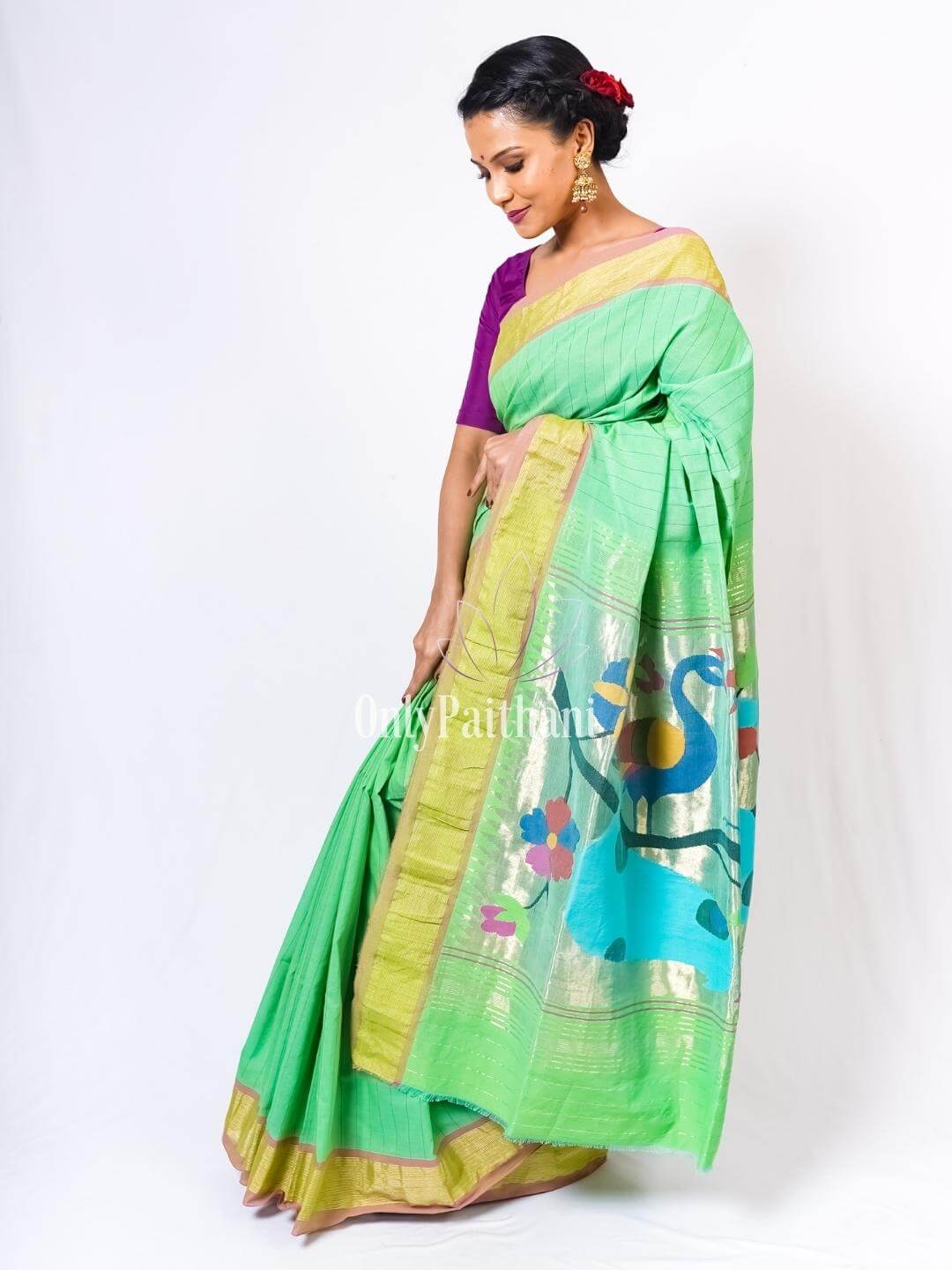 Pista green cotton Paithani saree – OnlyPaithani