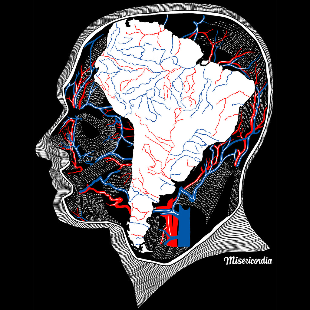 Dessin d'Aurelyen, tête humaine image scientifique détournée avec la carte de l'Amérique Latine et fleuves