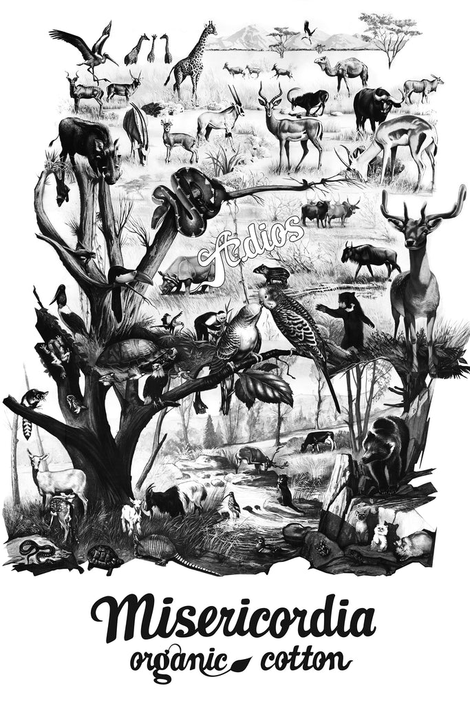 Dessin noir et blanc Sérigraphie t-shirt Misericordia illustration animaux en voie d'extinction  