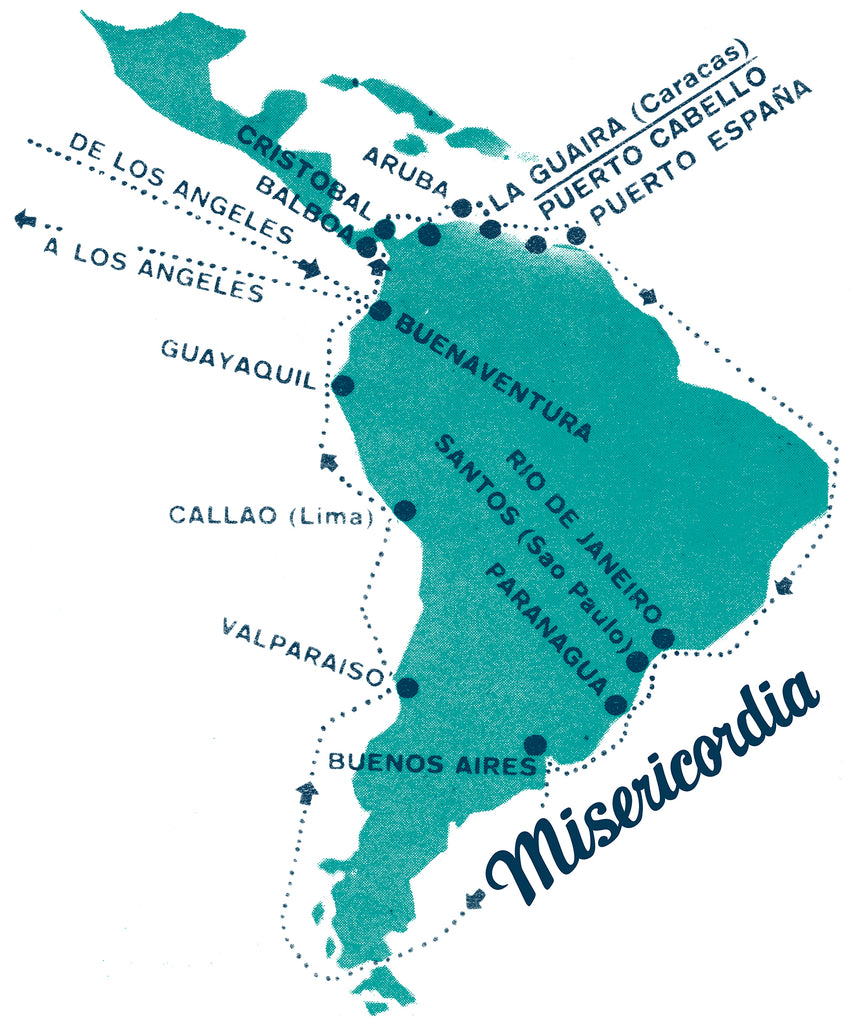 Texte sérigraphie t-shirt collection Misericordia illustration cartographique Amérique du Sud Latin America