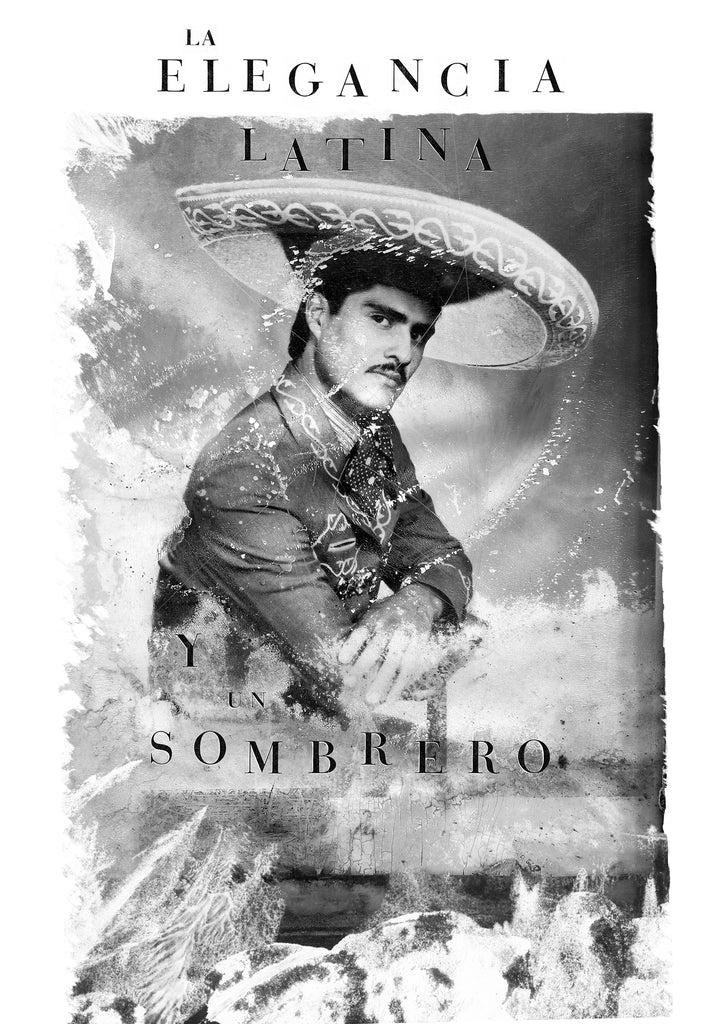 Dessin Noir et blanc Sérigraphie T-shirt homme latino type mexicain moustache et sombrero  