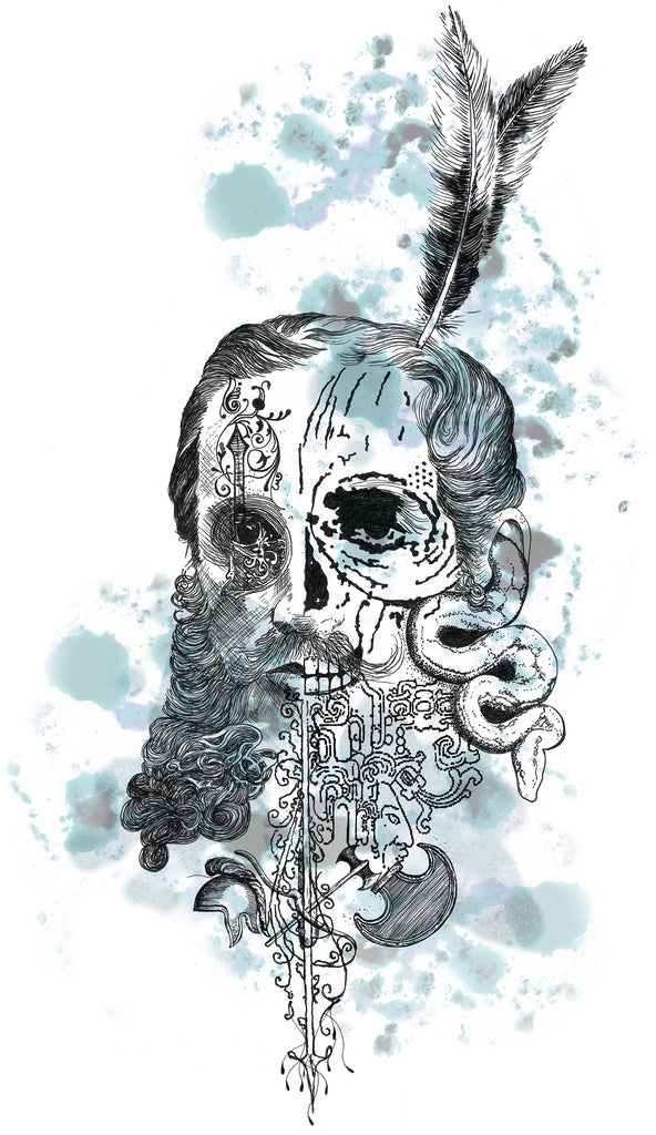 Dessin crane sérigraphie t-shirt portrait dessin style vanité crâne serpent plume inspiration univers tatouage