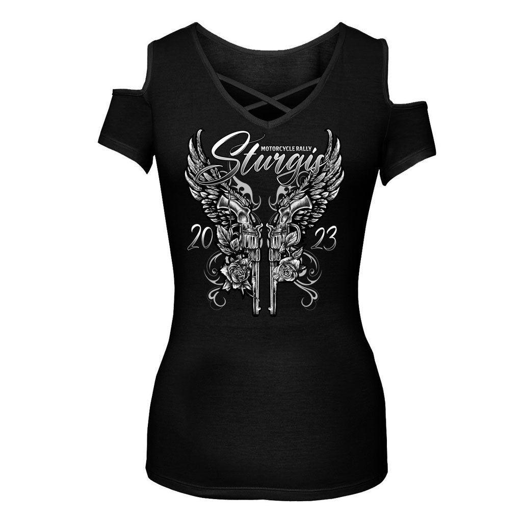 Ladies 2023 Sturgis Motorcycle Rally Guns & Roses Cut Shoulder Chest Detail Shirt