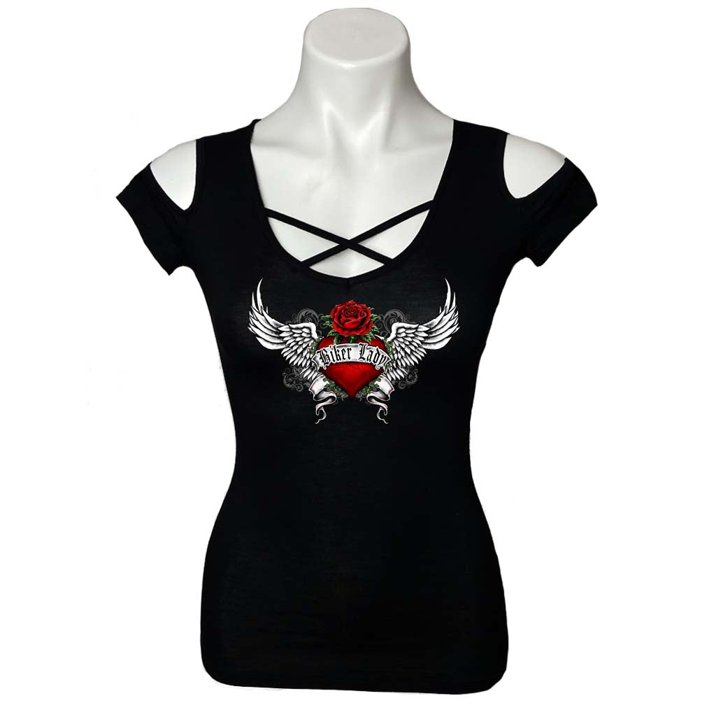 Ladies Heart Of An Angel Biker Cut Shoulder Chest Detail Shirt