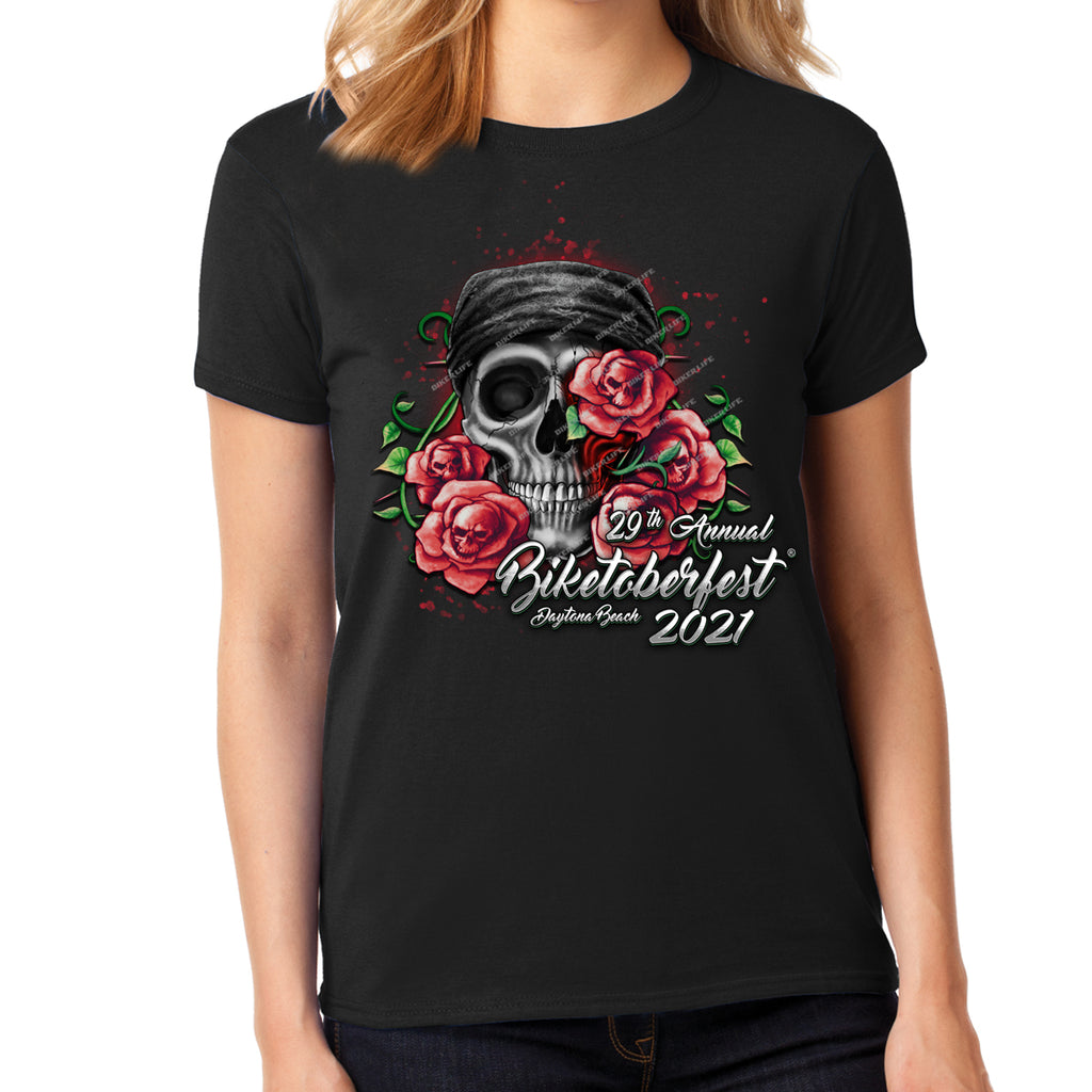 Ladies Missy Cut 2021 Biketoberfest Kaunas Bandana Skull T-Shirt