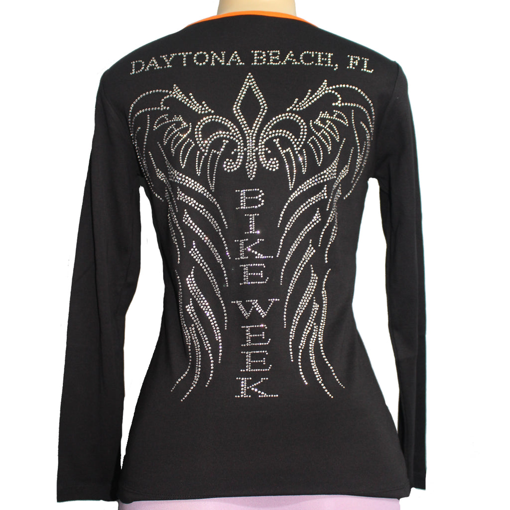 Ladies 2021 Bike Week Kaunas Rhinestone Bike Week Angel Wings Long Sleeve Shirt