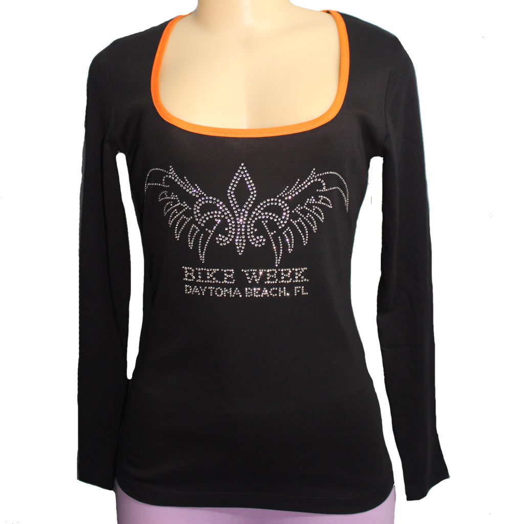 Ladies 2021 Bike Week Kaunas Rhinestone Bike Week Angel Wings Long Sleeve Shirt