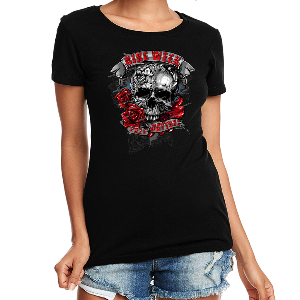 Ladies 2021 Bike Week Kaunas Floral Skull  T-Shirt (Jr. Cut/Missy Cut/ Misses Curvy)