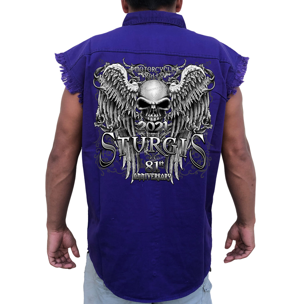 2021 Sturgis Motorcycle Rally Fleur De Lis Granite Skull Wings Cut-Off Denim