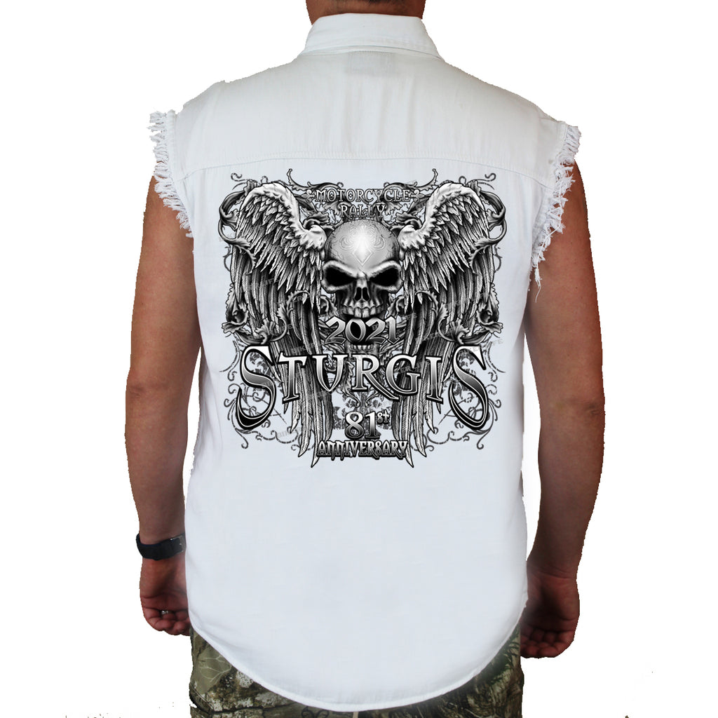 2021 Sturgis Motorcycle Rally Fleur De Lis Granite Skull Wings Cut-Off Denim