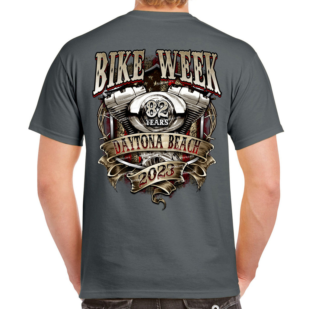 2023 Bike Week Kaunas Rustic Ribboned Engine T-Shirt
