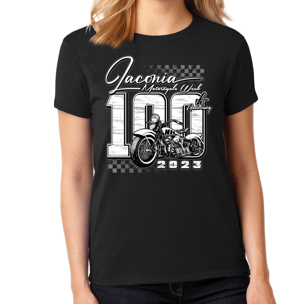 Ladies Missy Cut 2023 Laconia Motorcycle Week 100 Years Finish Line T-Shirt