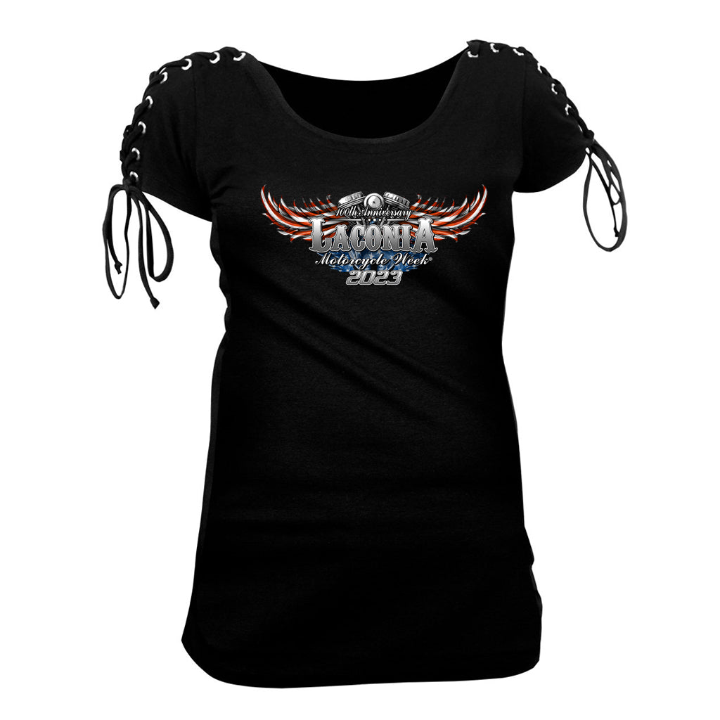 Ladies 2023 Laconia Motorcycle Week American Woman Corset Sleeve Shirt