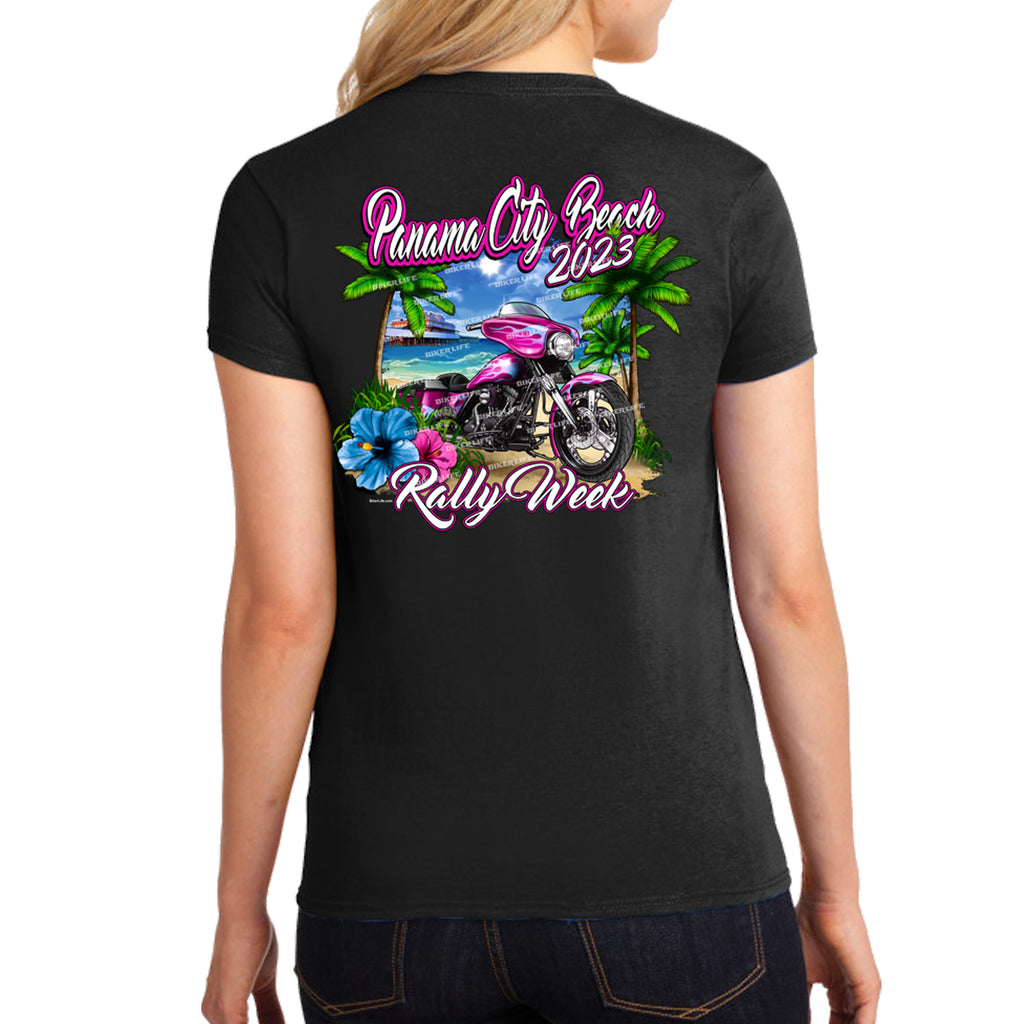 Ladies Missy Cut 2023 Panama City Beach Rally Week Paradise Pink Bike T-Shirt