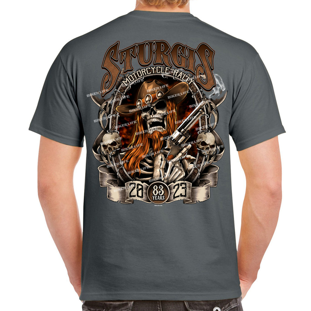 2023 Sturgis Motorcycle Rally Western Skull Gun Smokin T-Shirt