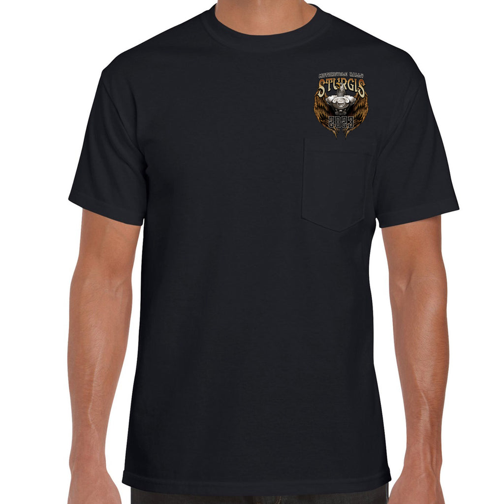 2023 Sturgis Motorcycle Rally Flying V Twin Eagle Pocket T-Shirt