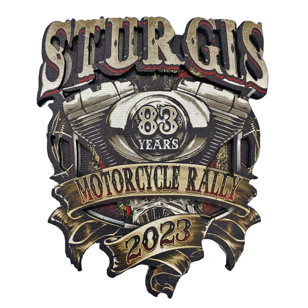2023 Sturgis Motorcycle Rally Rustic Ribboned Engine Wooden 3D Magnet