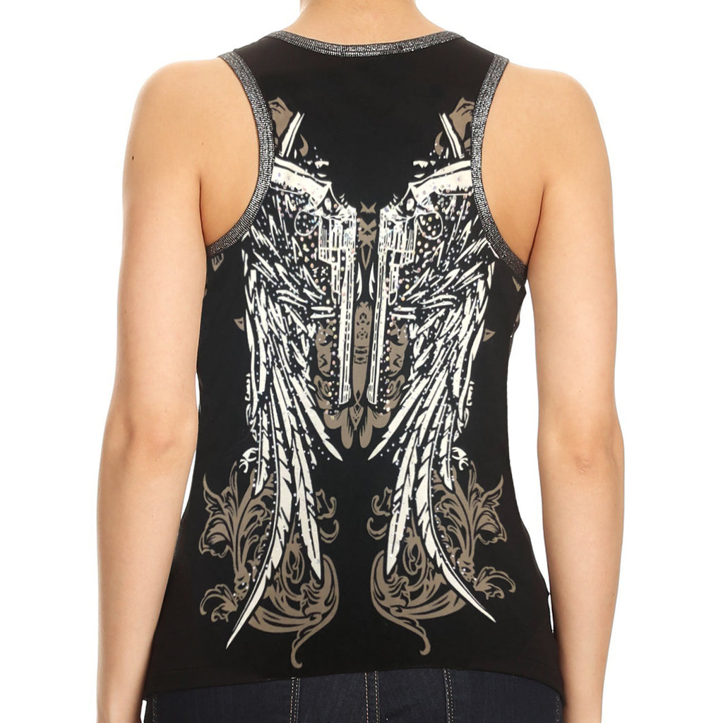 Ladies Rhinestone Guns Zip Up Tank Top