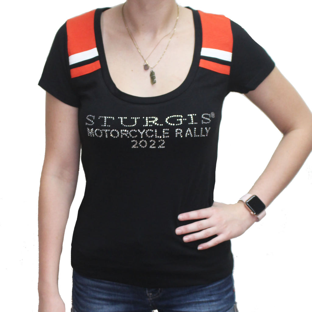 Ladies 2022 Sturgis Motorcycle Rally Rhinestone Cross Two Toned Shirt
