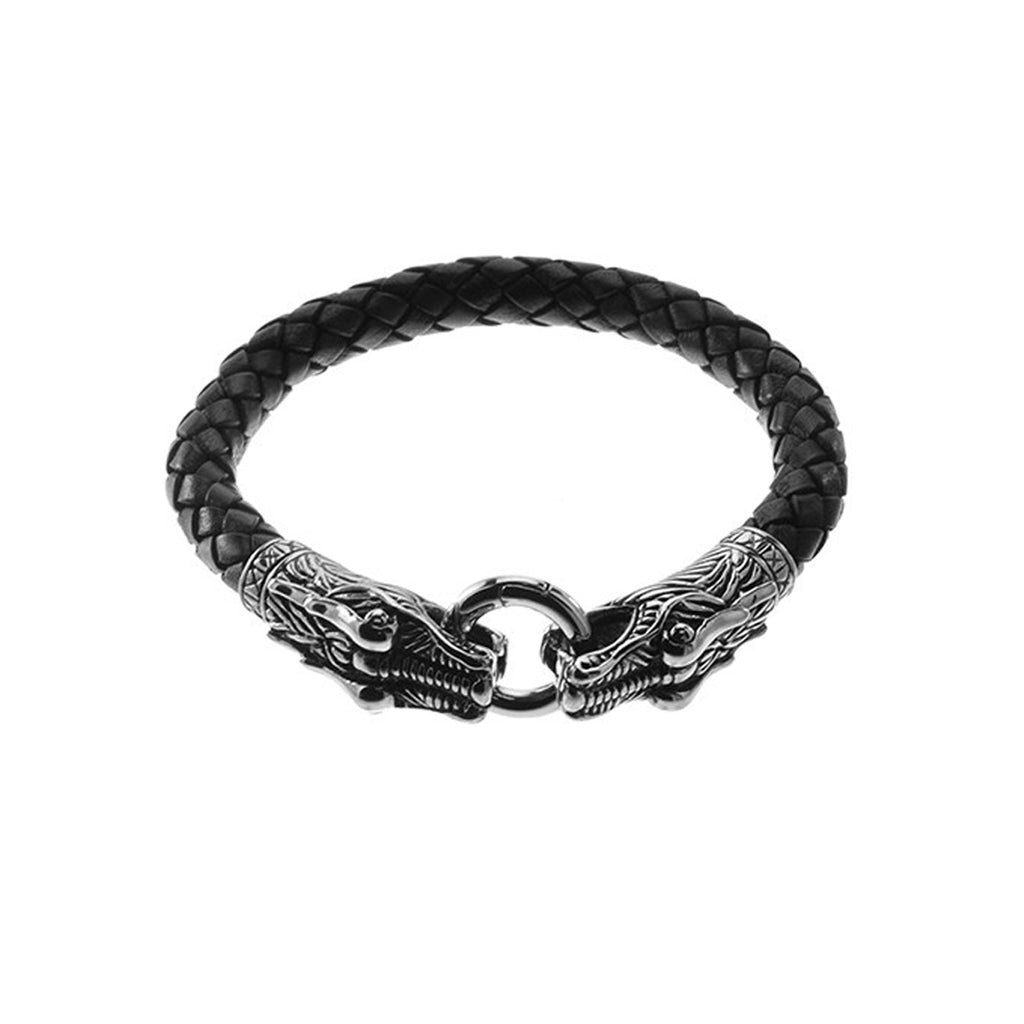 Steel Dragon Head Braided Leather Bracelet