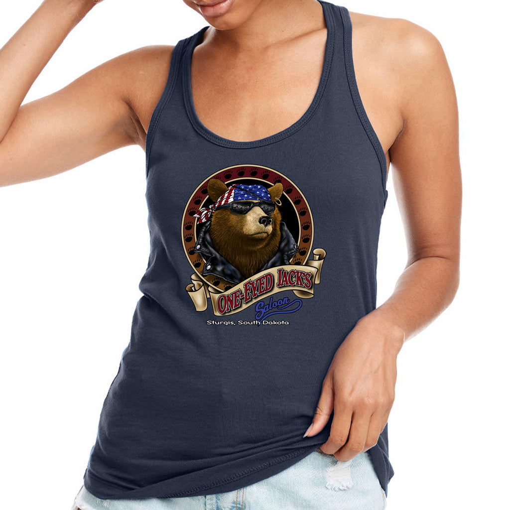 Ladies One Eyed Jack's Saloon Front Printed Cool Bear Racerback Tank Top