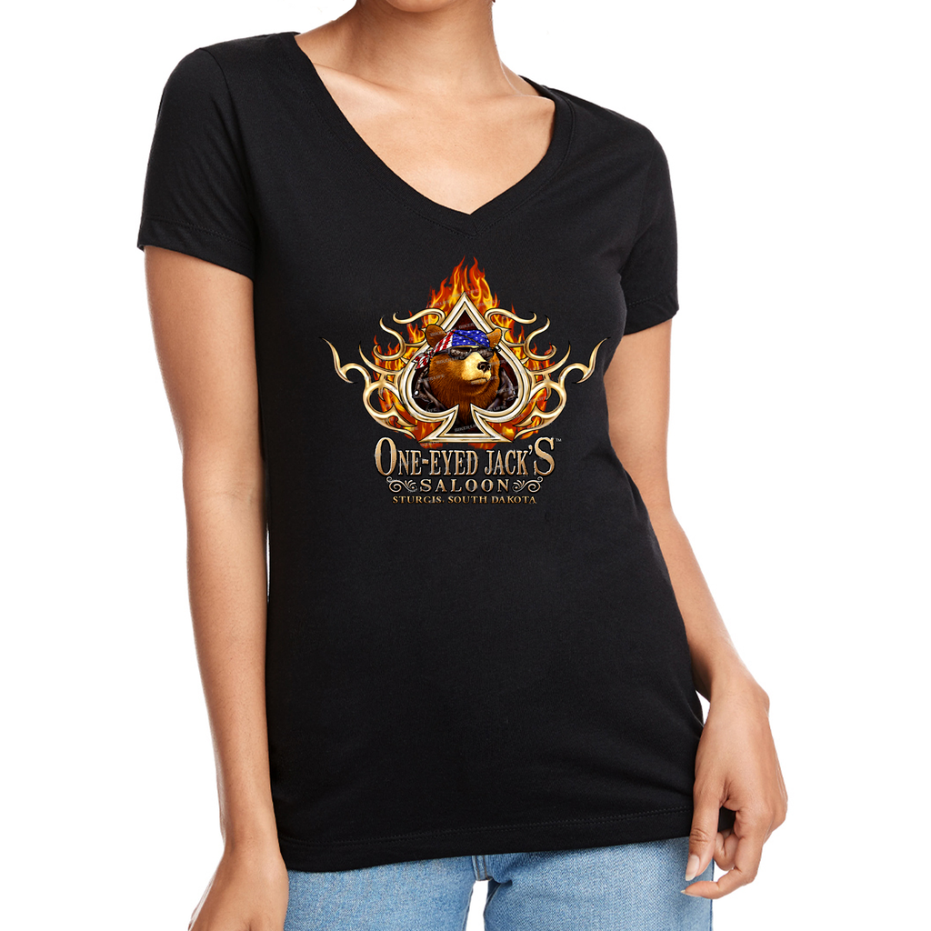 Ladies One Eyed Jack's Saloon Spade Flame V-Neck T-Shirt