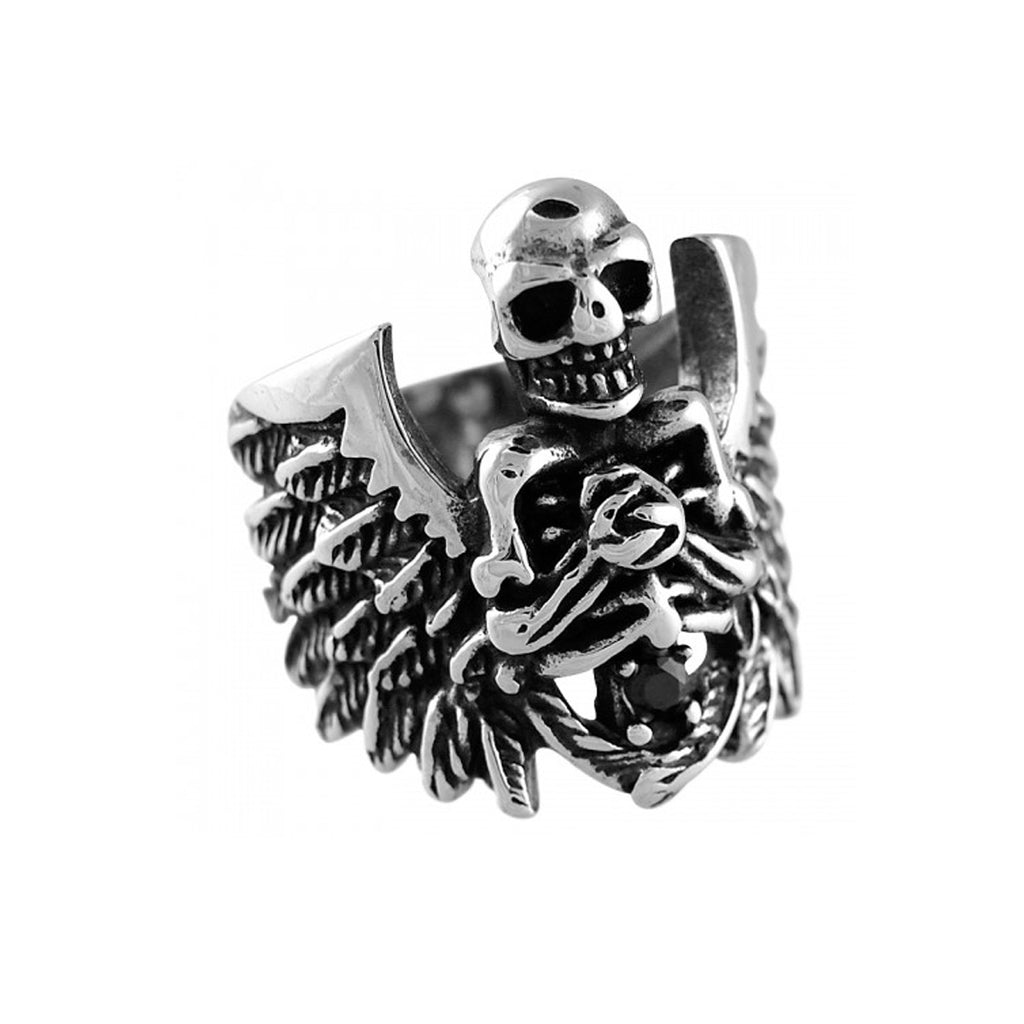 Jet CZ Skeleton Wings Stainless Steel Biker Ring