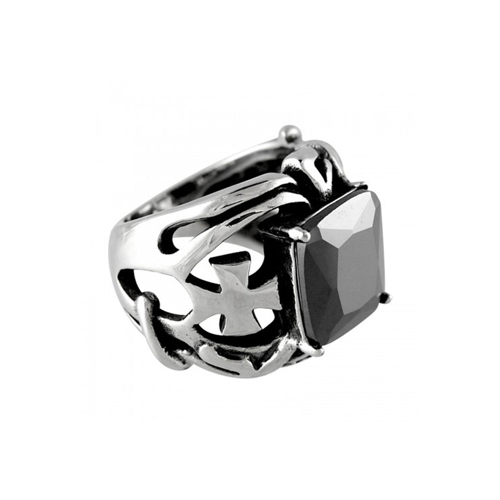 Knight's Templar Black CZ Stone & Maltese Crosses Stainless Steel Biker Ring