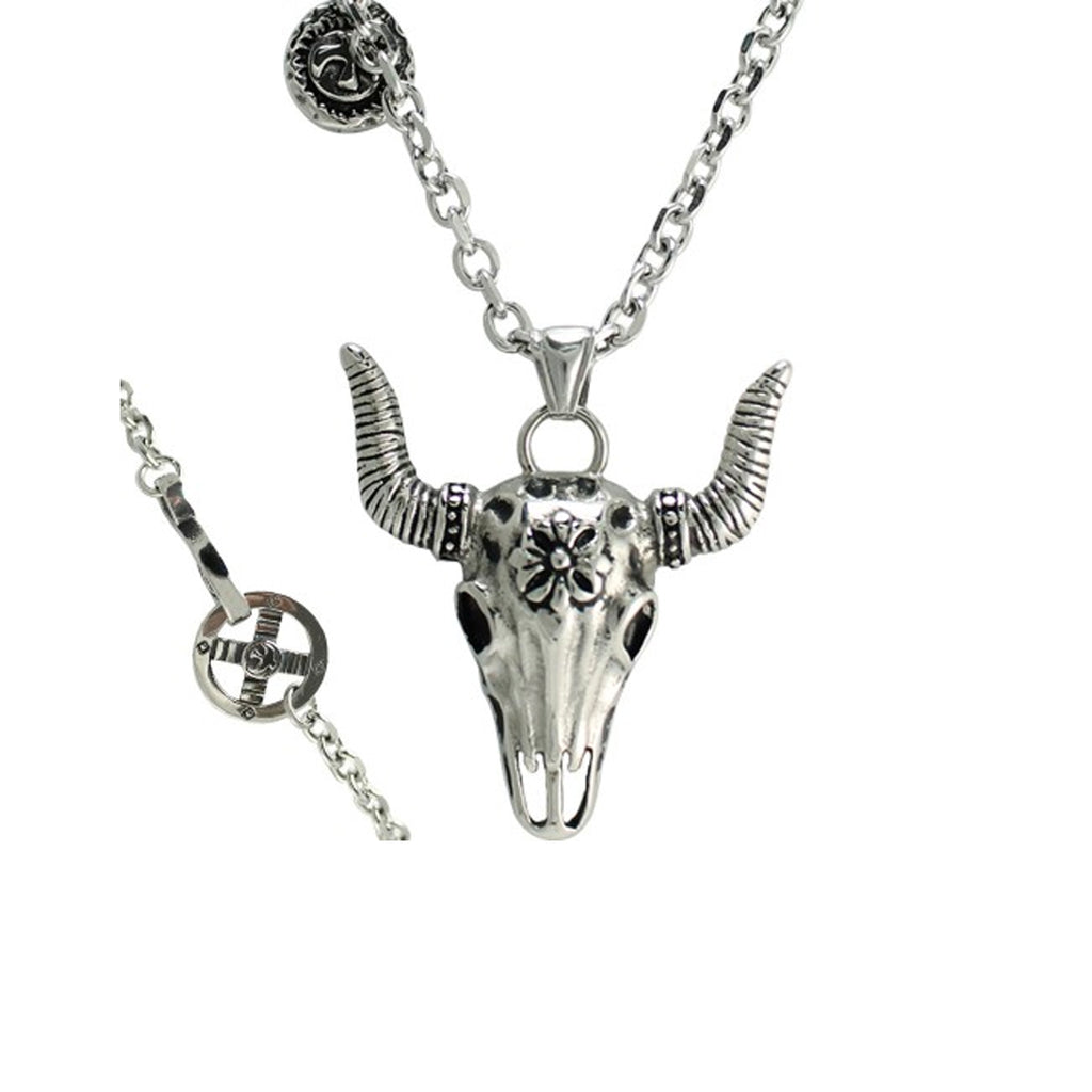 Stainless Steel Bull Head Skull Pendant Rolo Chain Necklace