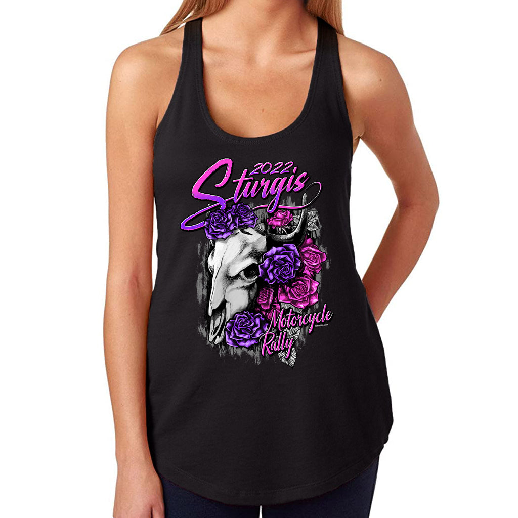 Ladies Jr. Cut 2022 Sturgis Motorcycle Rally Floral Bison Racerback Tank Top