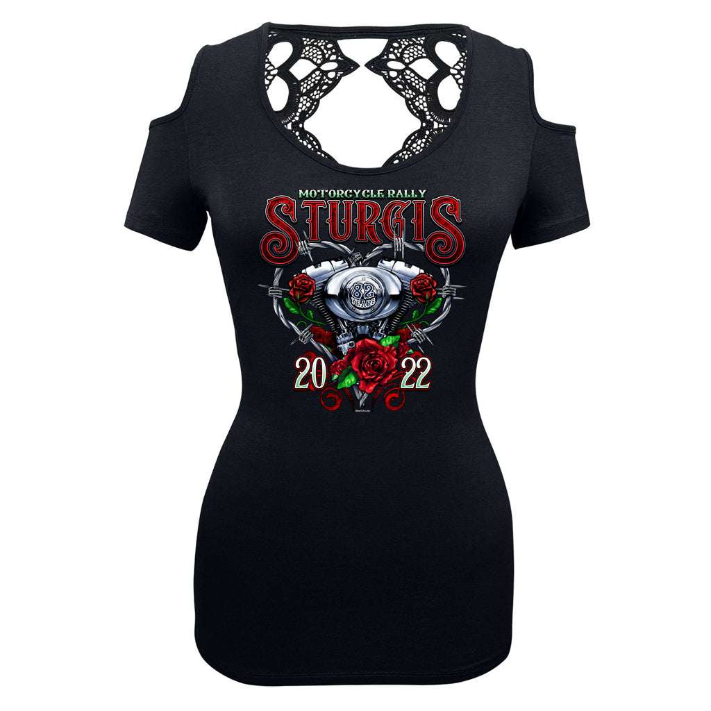 Ladies 2022 Sturgis Motorcycle Rally Engine Heart Cut Shoulder Lace Back Shirt