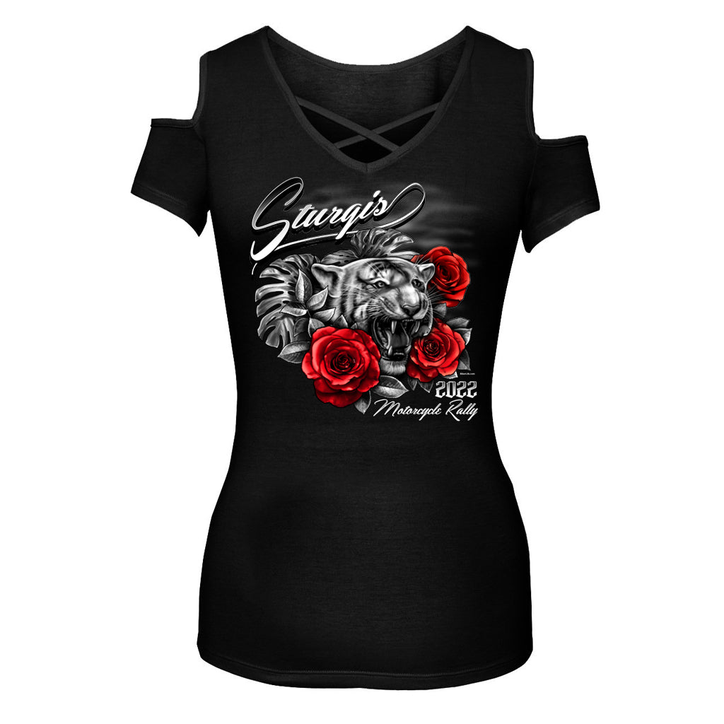 Ladies 2022 Sturgis Motorcycle Rally Ride Wild Cold Shoulder Strappy Shirt