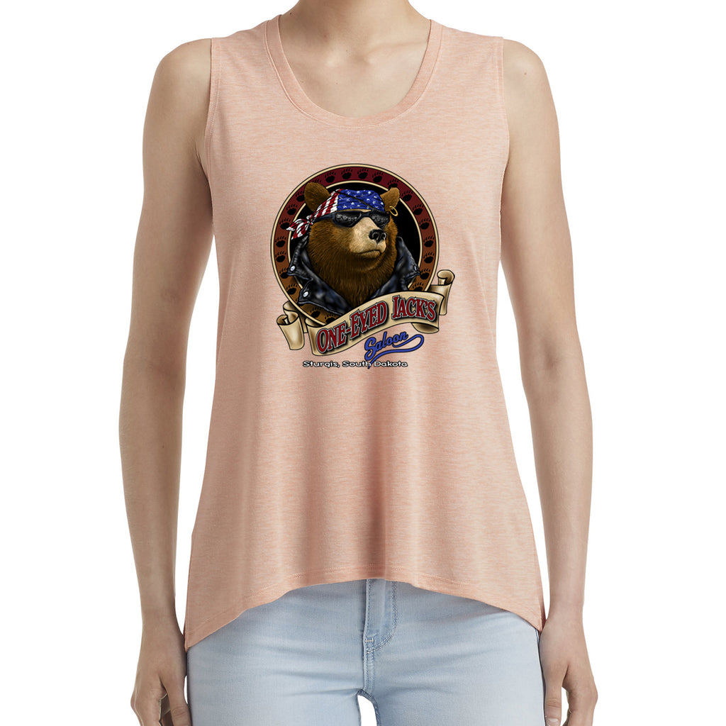 Ladies One Eyed Jack's Saloon Front Printed Cool Bear Hi-Lo Tank Top