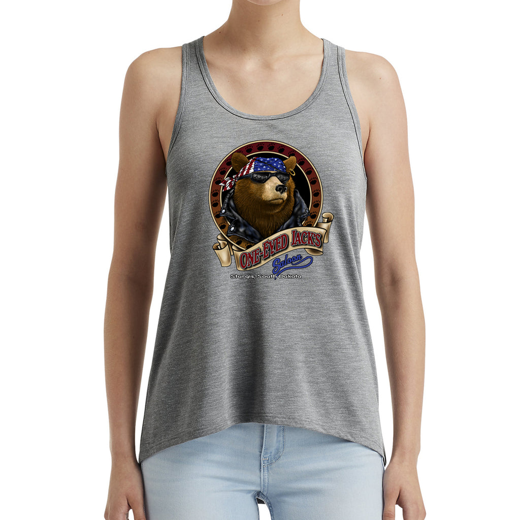 Ladies One Eyed Jack's Saloon Front Printed Cool Bear Hi-Lo Racerback Tank Top