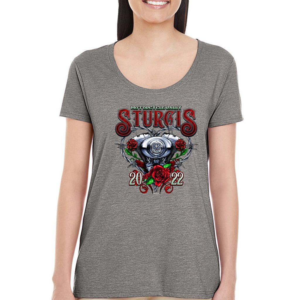 Ladies 2022 Sturgis Motorcycle Rally Engine Heart Scoop Neck Shirt