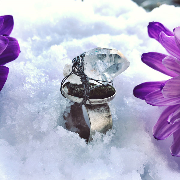 ENERGY GARDEN - RAW CLEAR QUARTZ ADJUSTABLE RING WITH WIRE WRAPPING