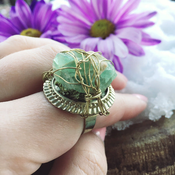 LARGE GREEN FLUORITE WRAPPED ADJUSTABLE GOLD RING