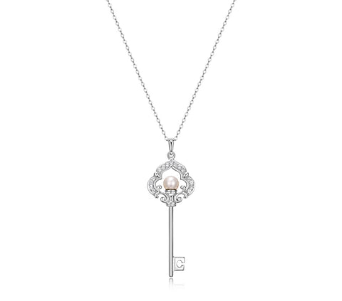 Diamonique Cultured Pearl Key Pendant w/ Chain, Platinum Clad