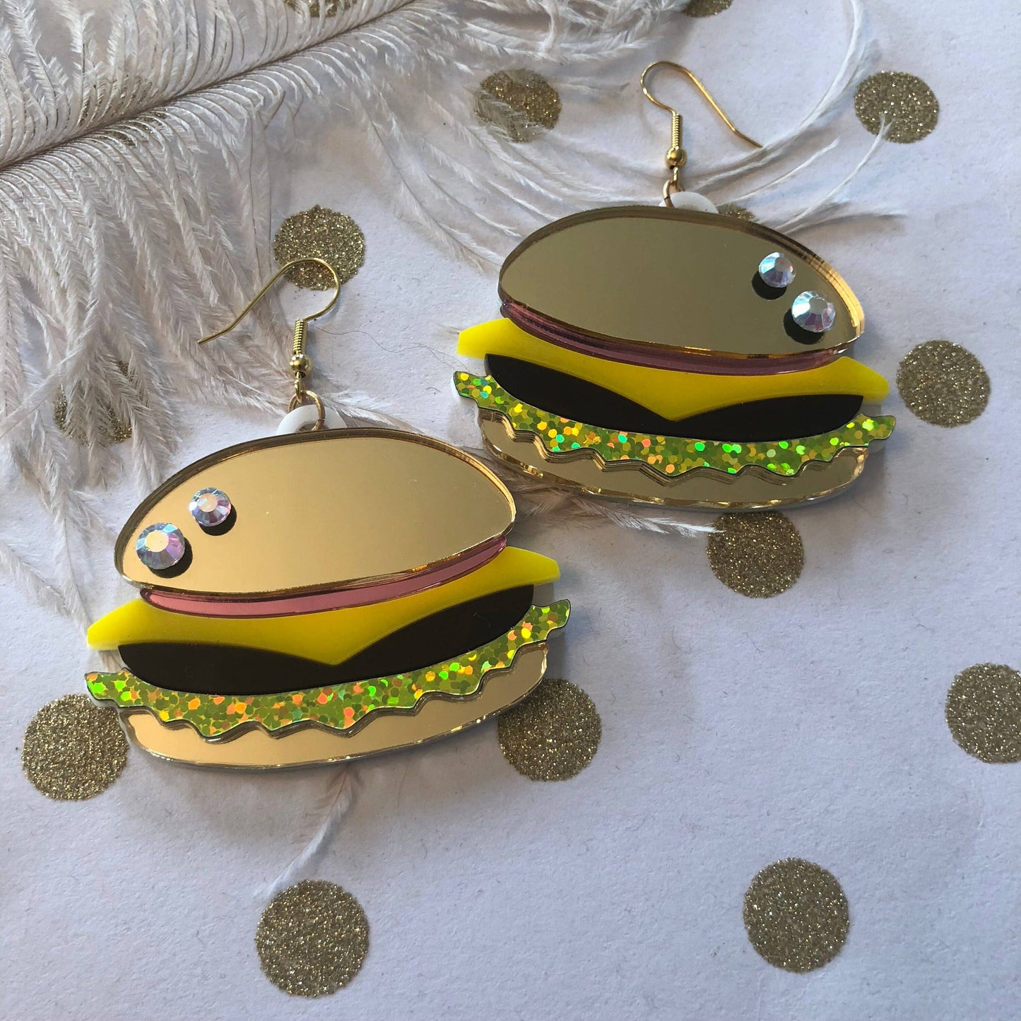 Hamburger Relish The Moment Large Food Earrings, Laser Cut Acrylic, Plastic Jewelry